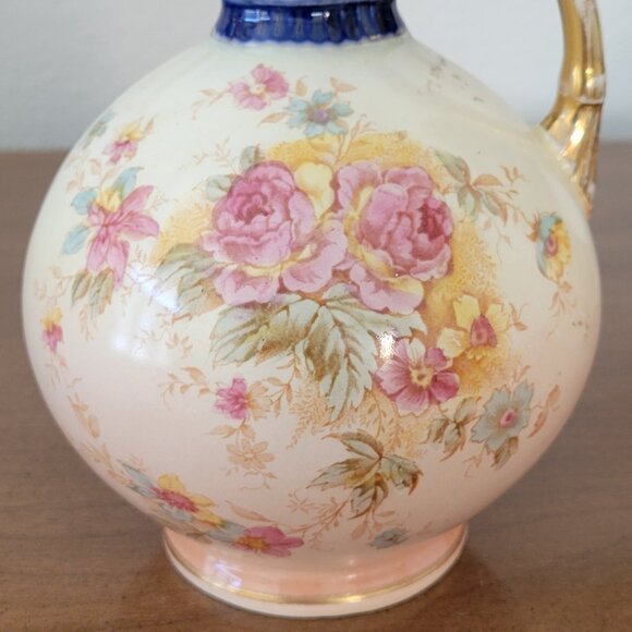 Antique Floral Porcelain Pitcher Vase | Jersey Pottery England | Gilt Handle - Picture 4 of 12